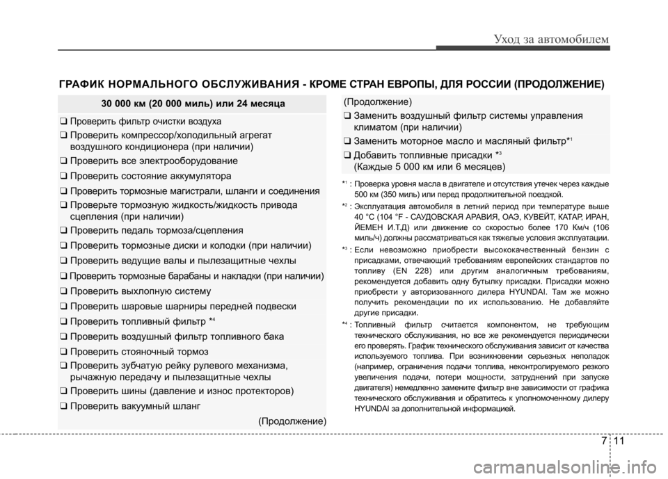 Hyundai Elantra 2012  Инструкция по эксплуатации (in Russian) 711
Уход за автомобилем
30 000 км (20 000 миль) или 24 месяца
❑ Проверить фильтр очистки воздуха
❑ Проверить компресс