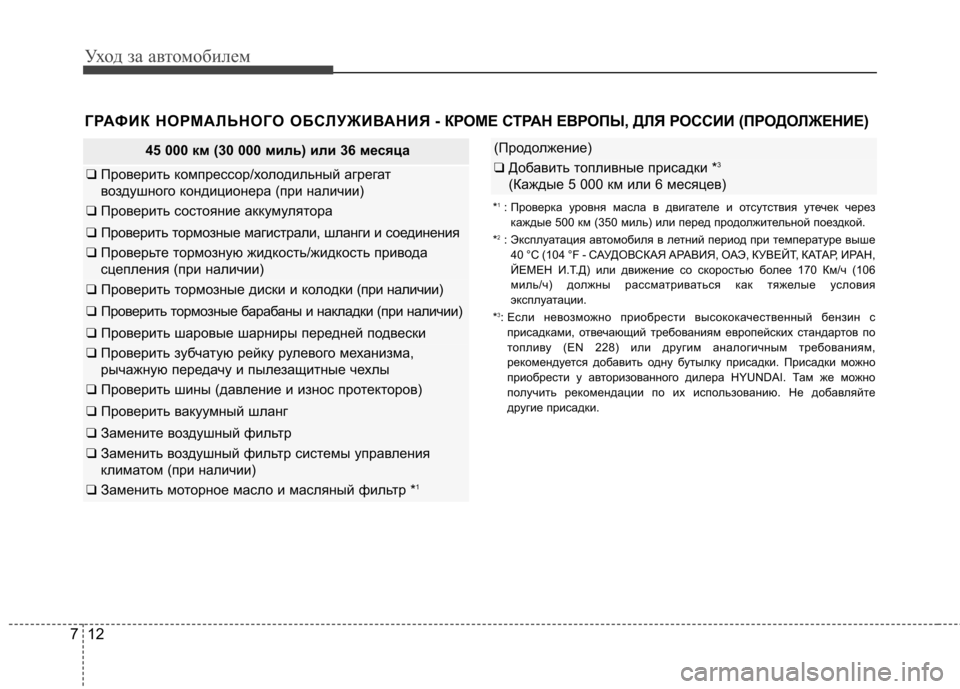 Hyundai Elantra 2012  Инструкция по эксплуатации (in Russian) Уход за автомобилем
12
7
ГРАФИК НОРМАЛЬНОГО ОБСЛУЖИВАНИЯ - КР ОМЕ СТРАН ЕВРОПЫ, ДЛЯ РОССИИ (ПРОДОЛЖЕНИЕ)
45 000 км (