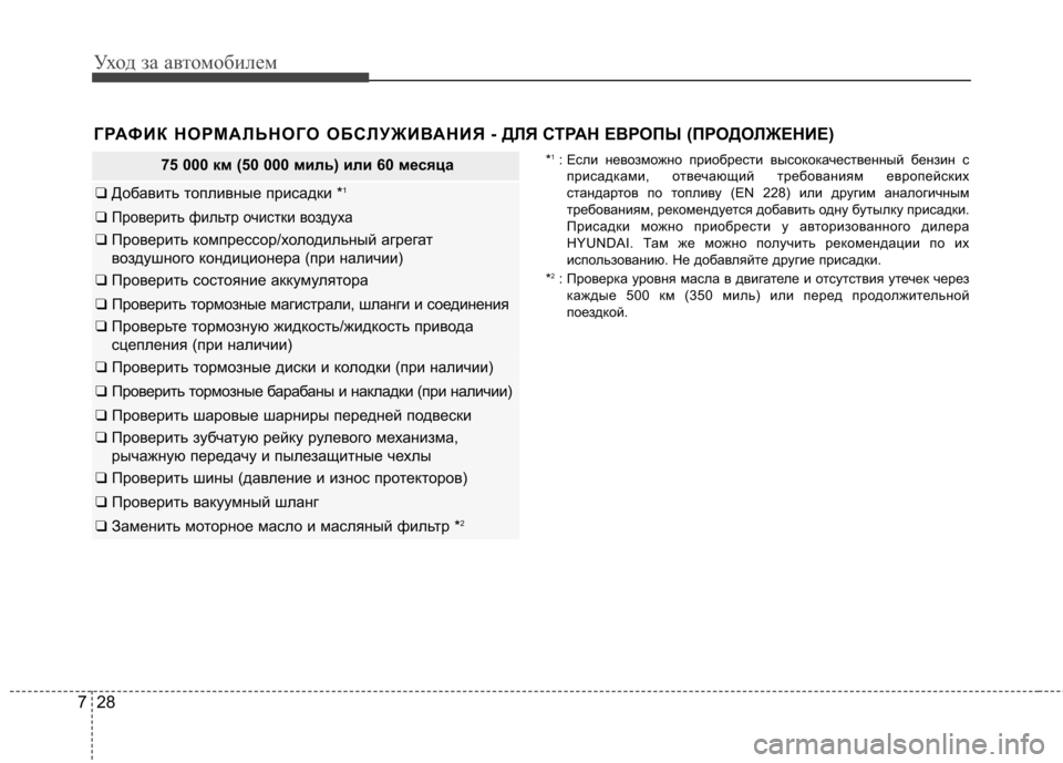 Hyundai Elantra 2012  Инструкция по эксплуатации (in Russian) Уход за автомобилем
28
7
ГРАФИК НОРМАЛЬНОГО ОБСЛУЖИВАНИЯ - ДЛЯ СТРАН ЕВР ОПЫ (ПРОДОЛЖЕНИЕ) 
75 000 км (50 000 миль) или 