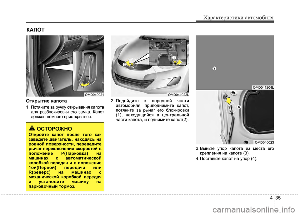 Hyundai Elantra 2011  Инструкция по эксплуатации (in Russian) 435
Характер\bст\bк\b авто\fоб\bля
ОткBfытиBb капота
1.  ПотянJ;те за ручку открыванJ;я капотадля разблокJ;ровкJ; его заJ