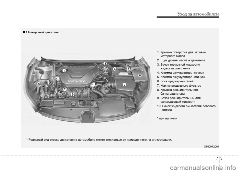 Hyundai Elantra 2011  Инструкция по эксплуатации (in Russian) 73
Уход за а\bтомоб\fлем
OMD072001
* Реальный GЛG;д отсека дGЛG;гателя GЛ аGЛтомобG;ле может отлG;чаться от прG;GЛеденного 