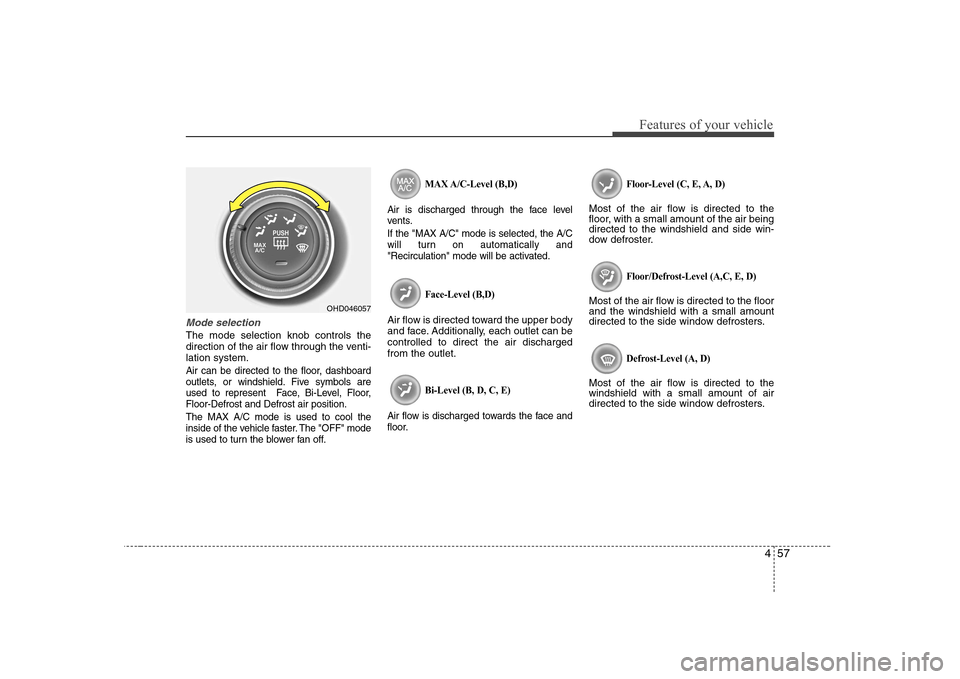 Hyundai Elantra 2009  Инструкция по эксплуатации (in Russian) 457
Features of your vehicle
Mode selection
The mode selection knob controls the 
direction of the air flow through the venti-lation system.
Air can be directed to the floor, dashboard
outlets, or win