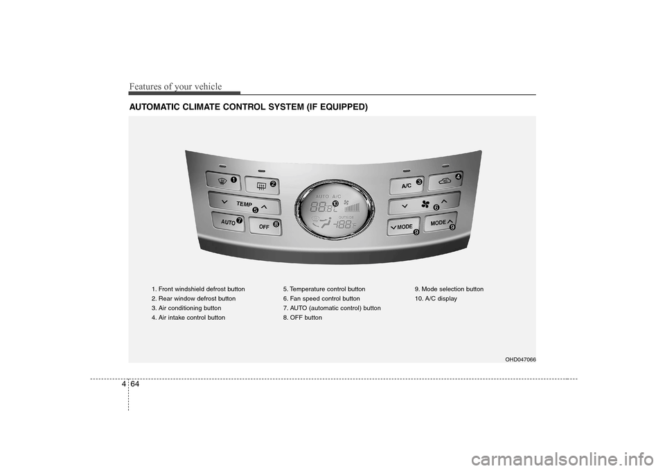 Hyundai Elantra 2009  Инструкция по эксплуатации (in Russian) Features of your vehicle
64
4
AUTOMATIC CLIMATE CONTROL SYSTEM (IF EQUIPPED)
1. Front windshield defrost button 
2. Rear window defrost button
3. Air conditioning button
4. Air intake control button 5