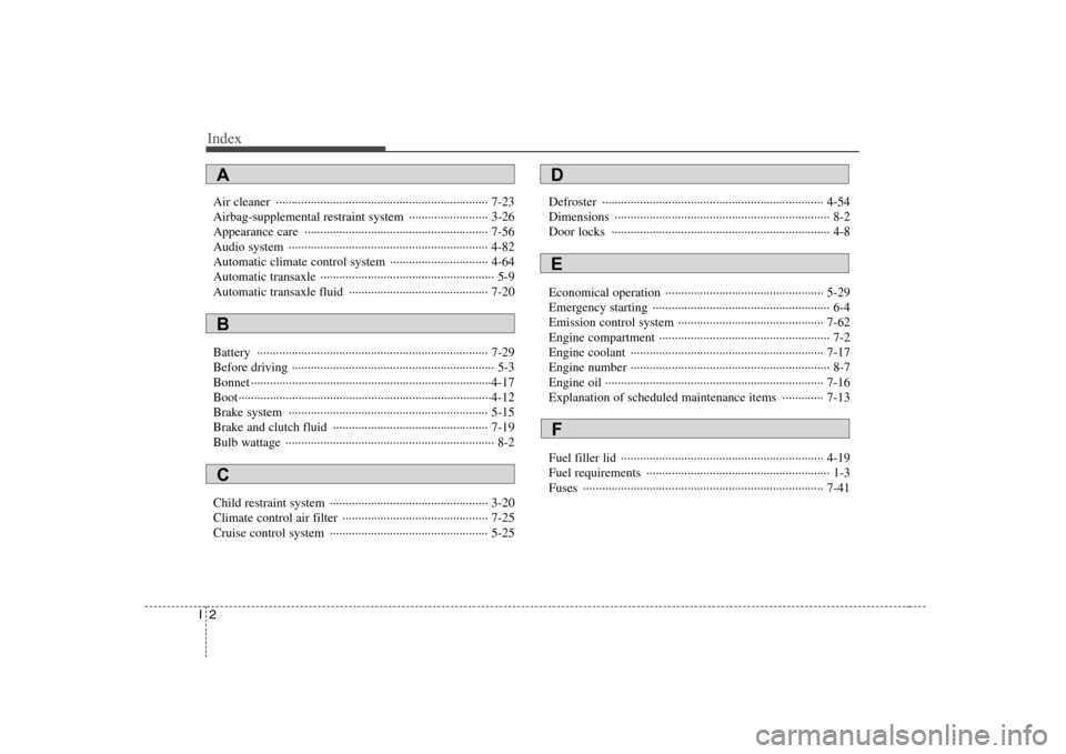 Hyundai Elantra 2009  Инструкция по эксплуатации (in Russian) Index
2I
Air cleaner  ··································································· 7-23 
Airbag-supplemental restraint system 