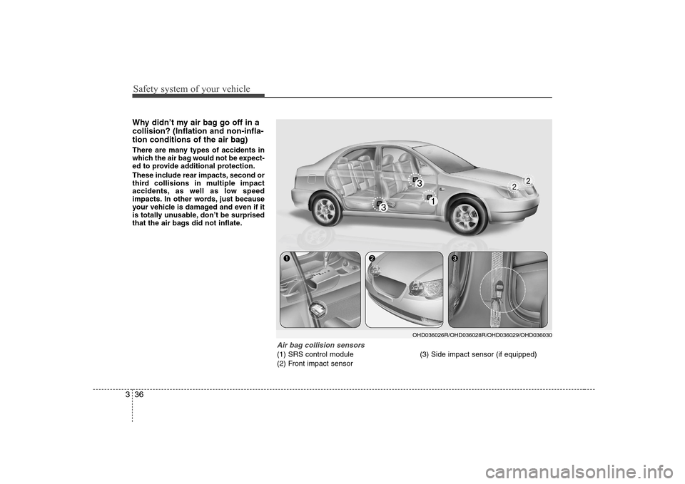 Hyundai Elantra 2009  Инструкция по эксплуатации (in Russian) Safety system of your vehicle
36
3
Why didn’t my air bag go off in a collision? (Inflation and non-infla-
tion conditions of the air bag) 
There are many types of accidents in 
which the air bag wou