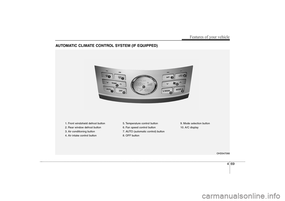 Hyundai Elantra 2008  Owners Manual 469
Features of your vehicle
AUTOMATIC CLIMATE CONTROL SYSTEM (IF EQUIPPED)
1. Front windshield defrost button
2. Rear window defrost button
3. Air conditioning button
4. Air intake control button5. T