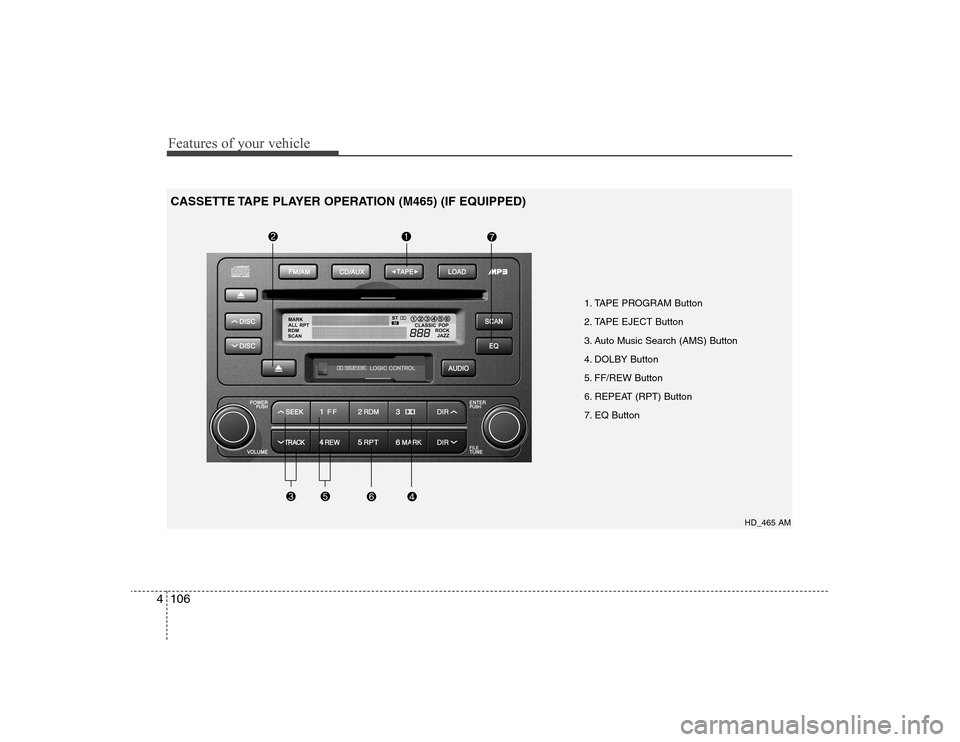 Hyundai Elantra 2008  Owners Manual Features of your vehicle106 4
1. TAPE PROGRAM Button
2. TAPE EJECT Button
3. Auto Music Search (AMS) Button
4. DOLBY Button
5. FF/REW Button
6. REPEAT (RPT) Button
7. EQ Button
HD_465 AM
CASSETTE TAPE