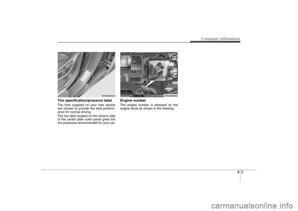 Hyundai Elantra 2008  Owners Manual 83
Consumer information
Tire specification/pressure labelThe tires supplied on your new vehicle
are chosen to provide the best perform-
ance for normal driving.
The tire label located on the drivers 