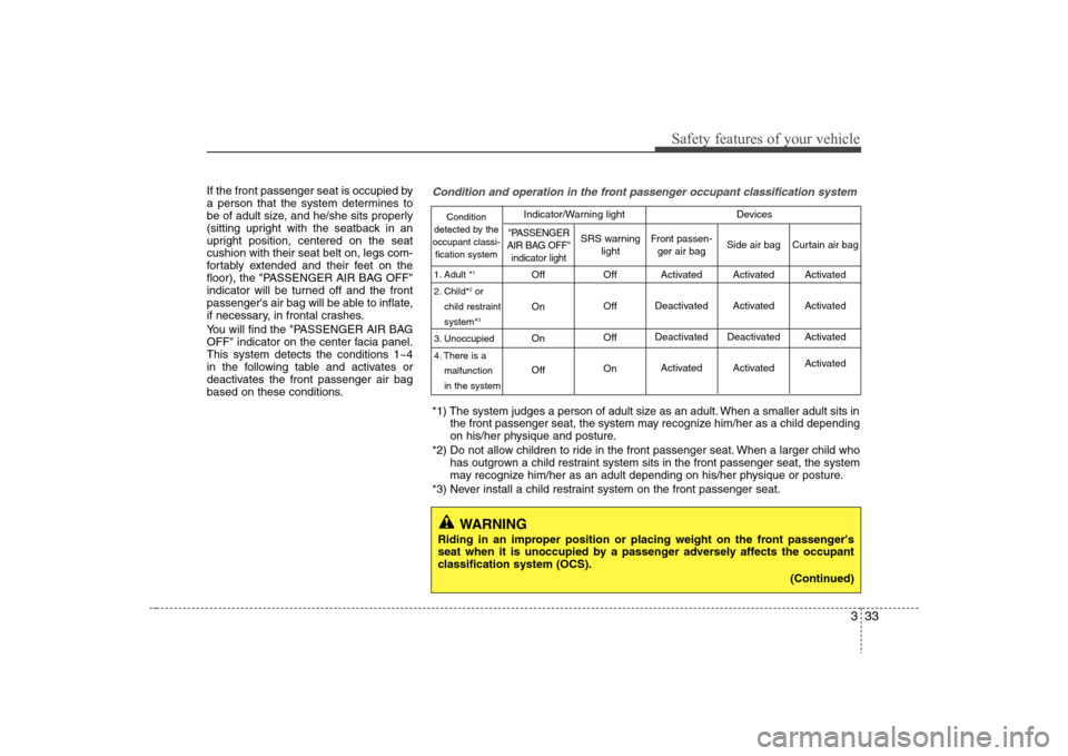 Hyundai Elantra 2008 Owners Manual 333
Safety features of your vehicle
If the front passenger seat is occupied by
a person that the system determines to
be of adult size, and he/she sits properly
(sitting upright with the seatback in a Hyundai Elantra 2008 Owners Manual 333
Safety features of your vehicle
If the front passenger seat is occupied by
a person that the system determines to
be of adult size, and he/she sits properly
(sitting upright with the seatback in a