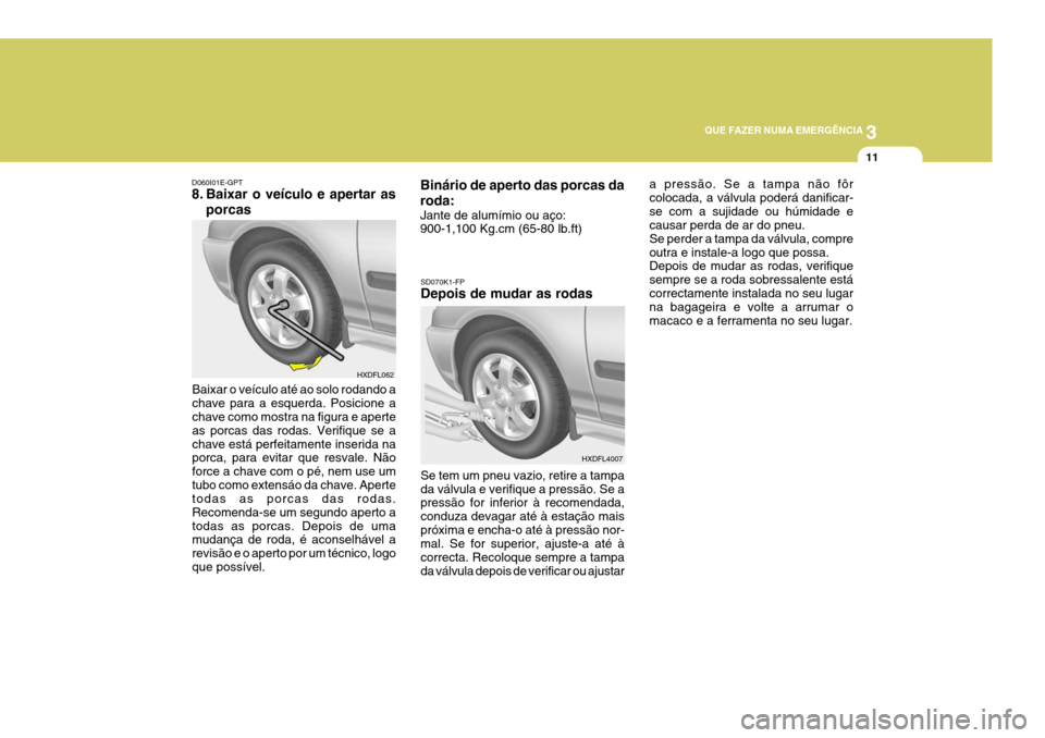 Hyundai Elantra 2006  Manual do proprietário (in Portuguese) 3
QUE FAZER NUMA EMERGÊNCIA
11
Baixar o veículo até ao solo rodando a chave para a esquerda. Posicione a chave como mostra na figura e aperte as porcas das rodas. Verifique se achave está perfeita