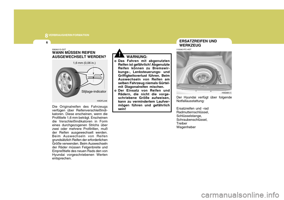 Hyundai Elantra 2005 Betriebsanleitung (in German) 8VERBRAUGHERIN FORMATION
6
!
ERSATZREIFEN UND WERKZEUG
I100A01FC-AST Der Hyundai verfügt über folgende Notfallausstattung: Ersatzreifen und -rad Radmutternschlüssel, Schlüsselstange, Schraubenschl Hyundai Elantra 2005 Betriebsanleitung (in German) 8VERBRAUGHERIN FORMATION
6
!
ERSATZREIFEN UND WERKZEUG
I100A01FC-AST Der Hyundai verfügt über folgende Notfallausstattung: Ersatzreifen und -rad Radmutternschlüssel, Schlüsselstange, Schraubenschl