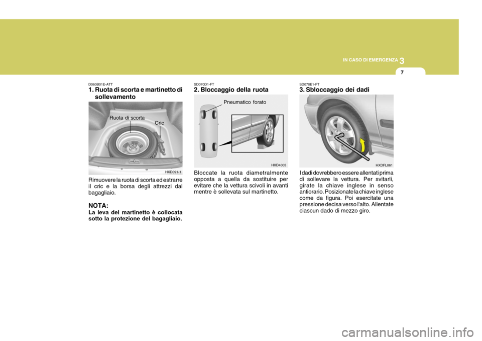 Hyundai Elantra 2005  Manuale del proprietario (in Italian) 3
IN CASO DI EMERGENZA
7
HXD4005
Rimuovere la ruota di scorta ed estrarre il cric e la borsa degli attrezzi dal bagagliaio. NOTA: La leva del martinetto è collocata sotto la protezione del bagagliaio