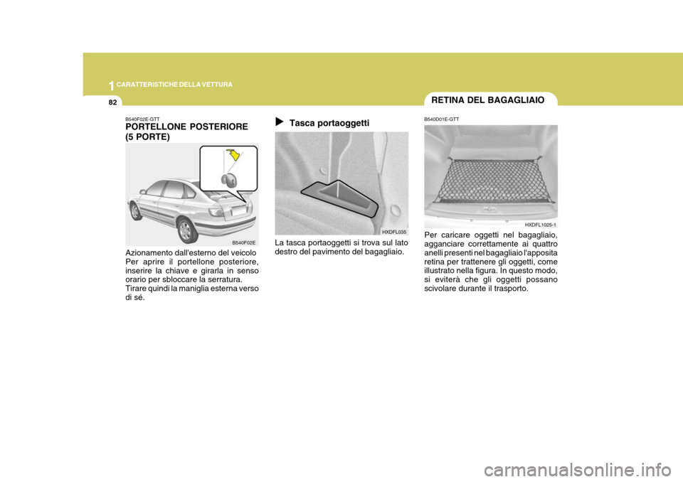 Hyundai Elantra 2005  Manuale del proprietario (in Italian) 1CARATTERISTICHE DELLA VETTURA
82
HXDFL1025-1
B540D01E-GTT Per caricare oggetti nel bagagliaio, agganciare correttamente ai quattro anelli presenti nel bagagliaio lappositaretina per trattenere gli o
