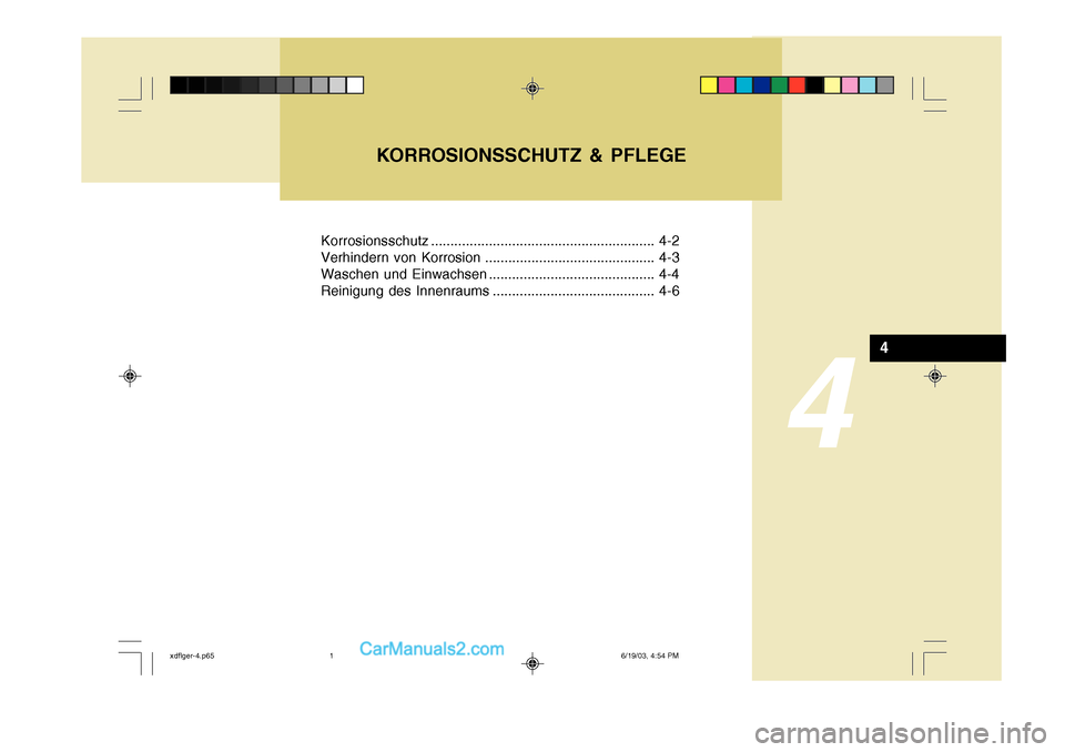 Hyundai Elantra 2004  Betriebsanleitung (in German) 4
Korrosionsschutz.......................................................... 4-2
Verhindern von Korrosion ............................................ 4-3 
Waschen und Einwachsen .....................