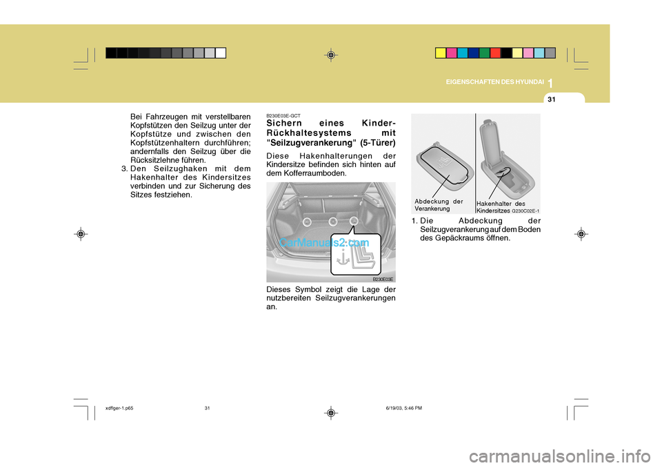 Hyundai Elantra 2004  Betriebsanleitung (in German) 1
EIGENSCHAFTEN DES HYUNDAI
31
G230C02E-1
B230E03E-GCT Sichern eines Kinder- Rückhaltesystems mit"Seilzugverankerung" (5-Türer) Diese Hakenhalterungen der Kindersitze befinden sich hinten auf dem Ko