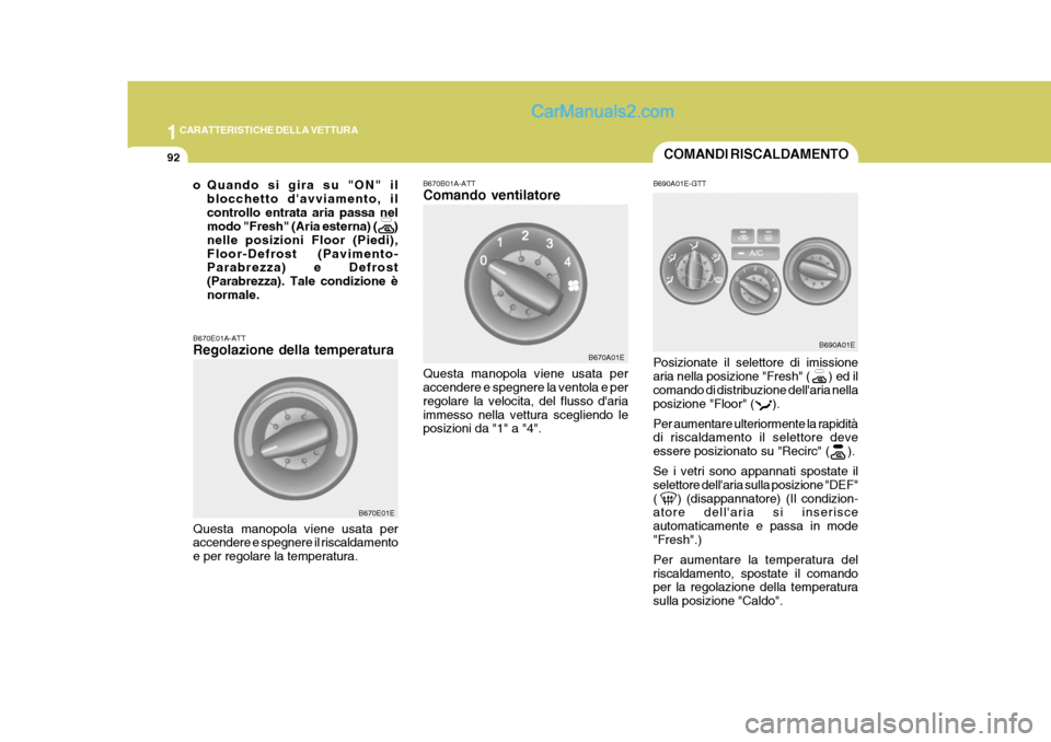 Hyundai Elantra 2004 Manuale del proprietario (in Italian) 1CARATTERISTICHE DELLA VETTURA
92
B670A01E
B670E01E
B690A01E
COMANDI RISCALDAMENTO
B670E01A-ATT Regolazione della temperatura Questa manopola viene usata per accendere e spegnere il riscaldamento e pe Hyundai Elantra 2004 Manuale del proprietario (in Italian) 1CARATTERISTICHE DELLA VETTURA
92
B670A01E
B670E01E
B690A01E
COMANDI RISCALDAMENTO
B670E01A-ATT Regolazione della temperatura Questa manopola viene usata per accendere e spegnere il riscaldamento e pe