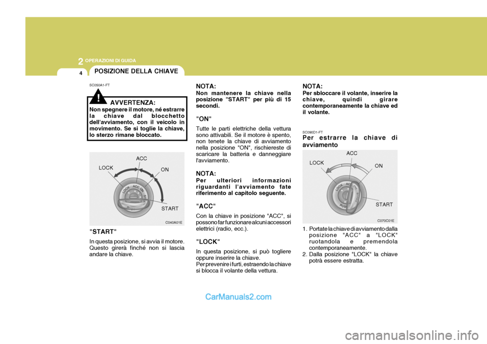 Hyundai Elantra 2004 Manuale del proprietario (in Italian) 2 OPERAZIONI DI GUIDA
4POSIZIONE DELLA CHIAVE
NOTA: Non mantenere la chiave nella posizione "START" per più di 15 secondi. "ON" Tutte le parti elettriche della vettura sono attivabili. Se il motore Hyundai Elantra 2004 Manuale del proprietario (in Italian) 2 OPERAZIONI DI GUIDA
4POSIZIONE DELLA CHIAVE
NOTA: Non mantenere la chiave nella posizione "START" per più di 15 secondi. "ON" Tutte le parti elettriche della vettura sono attivabili. Se il motore