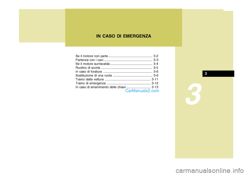 Hyundai Elantra 2004  Manuale del proprietario (in Italian) Se il motore non parte ................................................. 3-2 
Partenza con i cavi ...................................................... 3-3
Se il motore surriscalda ..................