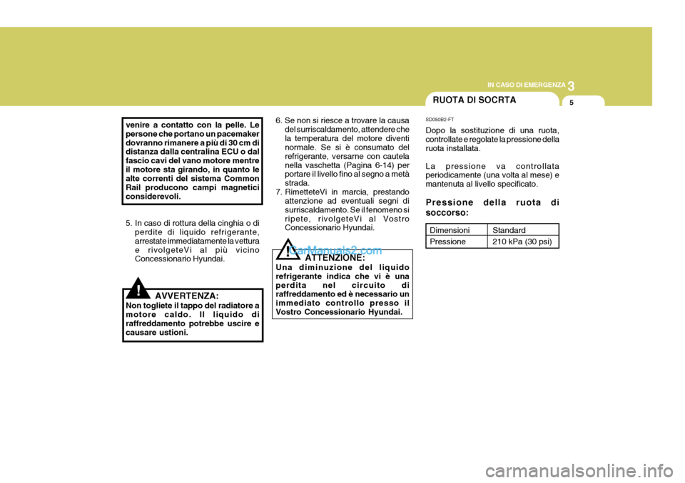 Hyundai Elantra 2004 Manuale del proprietario (in Italian) 3
IN CASO DI EMERGENZA
5
AVVERTENZA:
Non togliete il tappo del radiatore a motore caldo. Il liquido di raffreddamento potrebbe uscire ecausare ustioni.
venire a contatto con la pelle. Lepersone che po Hyundai Elantra 2004 Manuale del proprietario (in Italian) 3
IN CASO DI EMERGENZA
5
AVVERTENZA:
Non togliete il tappo del radiatore a motore caldo. Il liquido di raffreddamento potrebbe uscire ecausare ustioni.
venire a contatto con la pelle. Lepersone che po