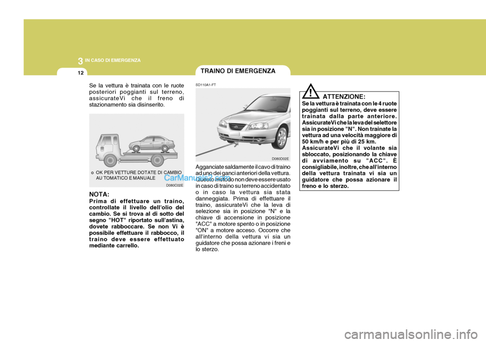 Hyundai Elantra 2004 Manuale del proprietario (in Italian) 3 IN CASO DI EMERGENZA
12TRAINO DI EMERGENZA
SD110A1-FT
Agganciate saldamente il cavo di traino ad uno dei ganci anteriori della vettura. Questo metodo non deve essere usatoin caso di traino su terren Hyundai Elantra 2004 Manuale del proprietario (in Italian) 3 IN CASO DI EMERGENZA
12TRAINO DI EMERGENZA
SD110A1-FT
Agganciate saldamente il cavo di traino ad uno dei ganci anteriori della vettura. Questo metodo non deve essere usatoin caso di traino su terren