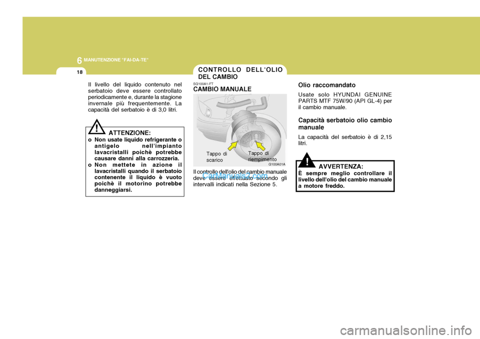 Hyundai Elantra 2004  Manuale del proprietario (in Italian) 6 MANUTENZIONE "FAI-DA-TE"
18
G100A01A
CONTROLLO DELLOLIO DEL CAMBIO
SG100A1-FT
CAMBIO MANUALE
Il controllo dellolio del cambio manuale deve essere effettuato secondo gliintervalli indicati nella Se