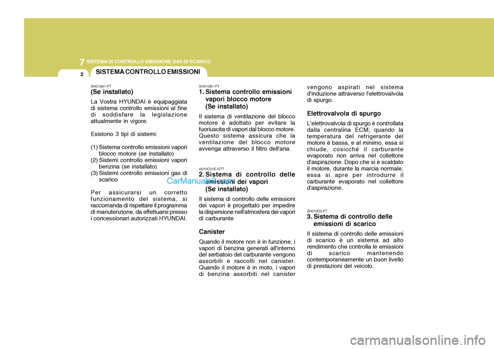 Hyundai Elantra 2004 Manuale del proprietario (in Italian) 7SISTEMA DI CONTROLLO EMISSIONE GAS DI SCARICO
2SISTEMA CONTROLLO EMISSIONI
SH010A1-FT
(Se installato)
La Vostra HYUNDAI è equipaggiata
di sistema controllo emissioni al fine di soddisfare la legisla Hyundai Elantra 2004 Manuale del proprietario (in Italian) 7SISTEMA DI CONTROLLO EMISSIONE GAS DI SCARICO
2SISTEMA CONTROLLO EMISSIONI
SH010A1-FT
(Se installato)
La Vostra HYUNDAI è equipaggiata
di sistema controllo emissioni al fine di soddisfare la legisla