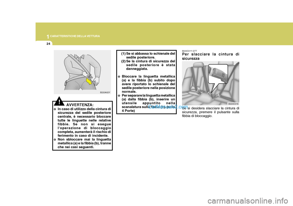 Hyundai Elantra 2004  Manuale del proprietario (in Italian) 1CARATTERISTICHE DELLA VETTURA
24
B220C01Y-GTT Per slacciare la cintura di sicurezza Se si desidera slacciare la cintura di sicurezza, premere il pulsante sullafibbia di bloccaggio.
(1) Se si abbassa 