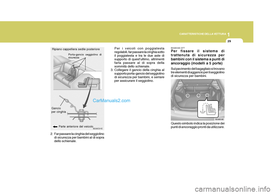 Hyundai Elantra 2004  Manuale del proprietario (in Italian) 1
CARATTERISTICHE DELLA VETTURA
29
B230C01EParte anteriore del veicolo
Gancio per cinghia Porta-gancio seggiolino di sicurezza
Per i veicoli con poggiatesta regolabili, far passare la cinghia sottoil 