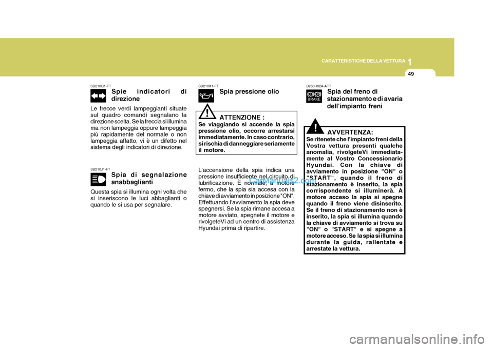 Hyundai Elantra 2004 Manuale del proprietario (in Italian) 1
CARATTERISTICHE DELLA VETTURA
49
SB210G1-FT Spie indicatori di
direzione
Le frecce verdi lampeggianti situate sul quadro comandi segnalano ladirezione scelta. Se la freccia si illumina ma non lampeg Hyundai Elantra 2004 Manuale del proprietario (in Italian) 1
CARATTERISTICHE DELLA VETTURA
49
SB210G1-FT Spie indicatori di
direzione
Le frecce verdi lampeggianti situate sul quadro comandi segnalano ladirezione scelta. Se la freccia si illumina ma non lampeg