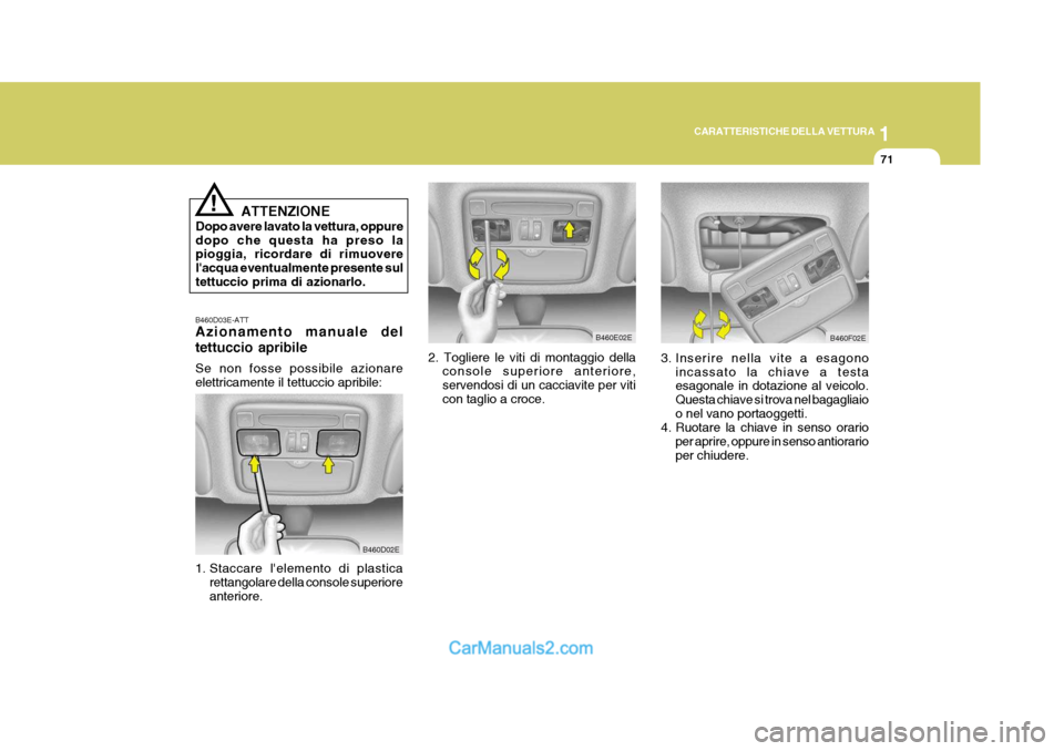 Hyundai Elantra 2004  Manuale del proprietario (in Italian) 1
CARATTERISTICHE DELLA VETTURA
71
B460D03E-ATT Azionamento manuale del tettuccio apribile Se non fosse possibile azionare elettricamente il tettuccio apribile: 
1. Staccare lelemento di plastica ret