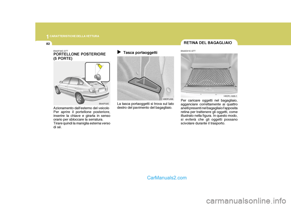 Hyundai Elantra 2004  Manuale del proprietario (in Italian) 1CARATTERISTICHE DELLA VETTURA
82
HXDFL1025-1
B540D01E-GTT Per caricare oggetti nel bagagliaio, agganciare correttamente ai quattro anelli presenti nel bagagliaio lappositaretina per trattenere gli o