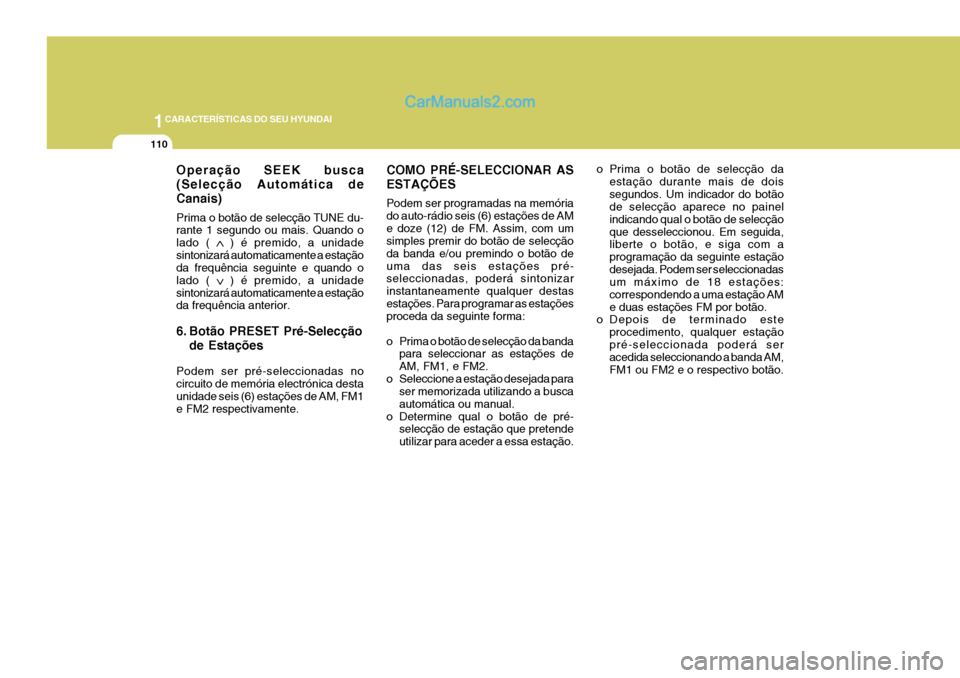 Hyundai Elantra 2004 Manual do proprietário (in Portuguese) 1CARACTERÍSTICAS DO SEU HYUNDAI
110
Operação SEEK busca (Selecção Automática deCanais) Prima o botão de selecção TUNE du- rante 1 segundo ou mais. Quando o lado ( ) é premido, a unidadesin Hyundai Elantra 2004 Manual do proprietário (in Portuguese) 1CARACTERÍSTICAS DO SEU HYUNDAI
110
Operação SEEK busca (Selecção Automática deCanais) Prima o botão de selecção TUNE du- rante 1 segundo ou mais. Quando o lado ( ) é premido, a unidadesin