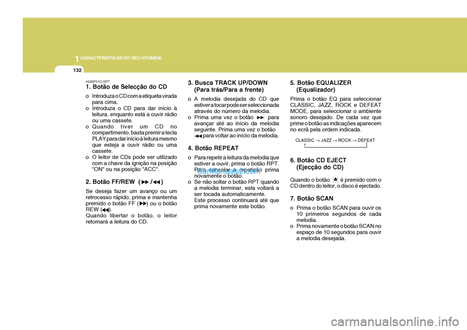 Hyundai Elantra 2004 Manual do proprietário (in Portuguese) 1CARACTERÍSTICAS DO SEU HYUNDAI
132
H290F01O-GPT 1. Botão de Selecção do CD
o Introduza o CD com a etiqueta viradapara cima.
o Introduza o CD para dar início à leitura, enquanto está a ouvir r Hyundai Elantra 2004 Manual do proprietário (in Portuguese) 1CARACTERÍSTICAS DO SEU HYUNDAI
132
H290F01O-GPT 1. Botão de Selecção do CD
o Introduza o CD com a etiqueta viradapara cima.
o Introduza o CD para dar início à leitura, enquanto está a ouvir r