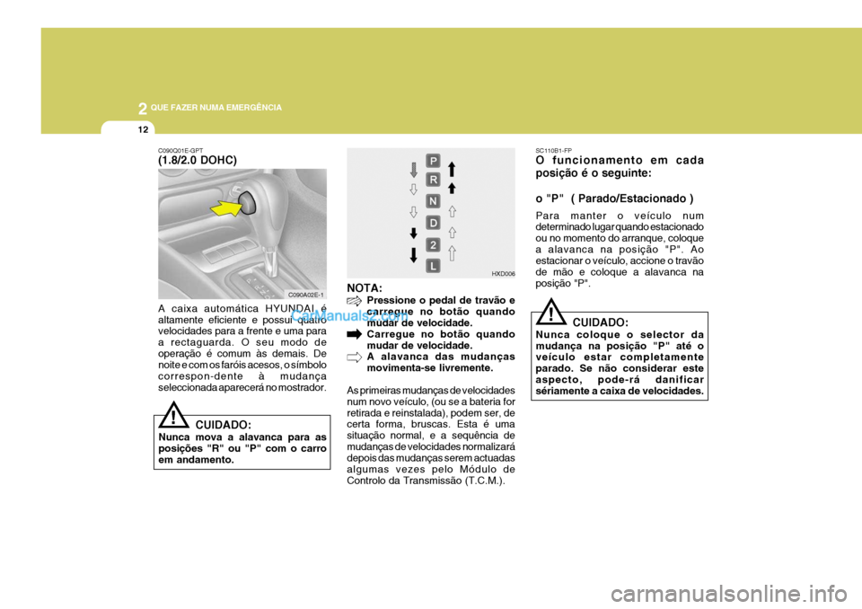 Hyundai Elantra 2004 Manual do proprietário (in Portuguese) 2 QUE FAZER NUMA EMERGÊNCIA
12
SC110B1-FP O funcionamento em cada posição é o seguinte: o "P" ( Parado/Estacionado ) Para manter o veículo num determinado lugar quando estacionado ou no momento Hyundai Elantra 2004 Manual do proprietário (in Portuguese) 2 QUE FAZER NUMA EMERGÊNCIA
12
SC110B1-FP O funcionamento em cada posição é o seguinte: o "P" ( Parado/Estacionado ) Para manter o veículo num determinado lugar quando estacionado ou no momento