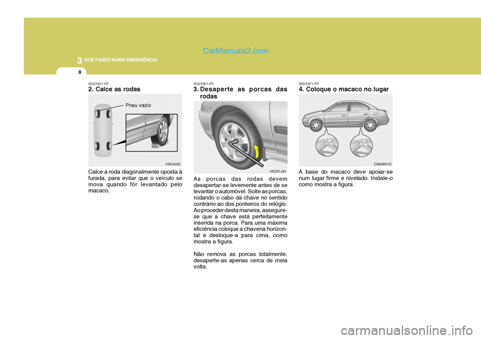 Hyundai Elantra 2004  Manual do proprietário (in Portuguese) 3 QUE FAZER NUMA EMERGÊNCIA
8
SD070F1-FP 4. Coloque o macaco no lugar
A base do macaco deve apoiar-se num lugar firme e nivelado. Instale-ocomo mostra a figura. D060W01E
SD070E1-FP 
3. Desaperte as p