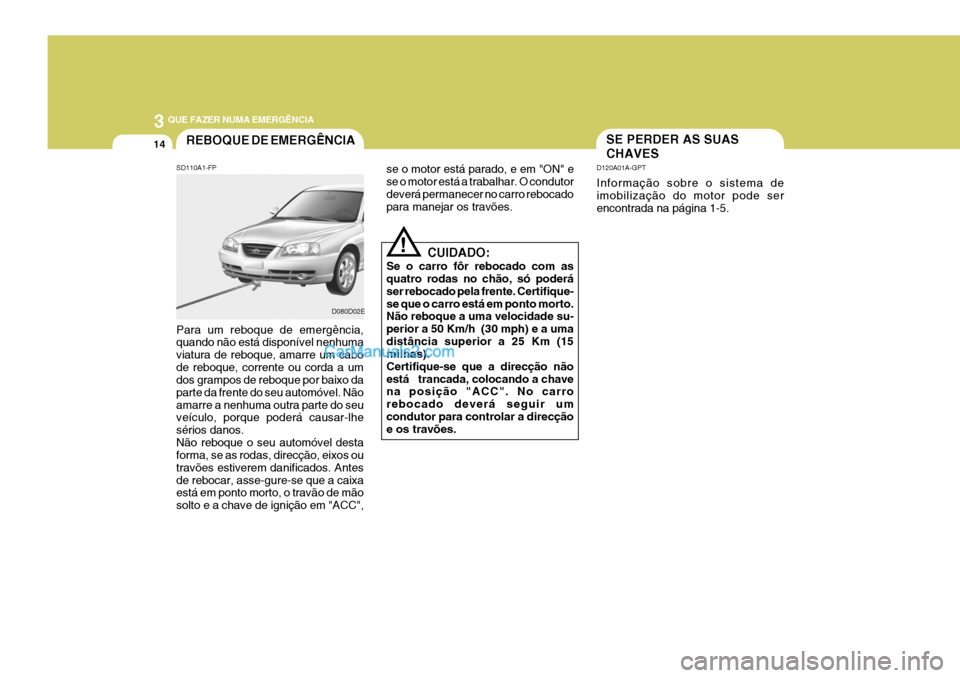 Hyundai Elantra 2004 Manual do proprietário (in Portuguese) 3 QUE FAZER NUMA EMERGÊNCIA
14SE PERDER AS SUAS CHAVES
D120A01A-GPT Informação sobre o sistema de imobilização do motor pode ser encontrada na página 1-5.REBOQUE DE EMERGÊNCIA
SD110A1-FP Para u Hyundai Elantra 2004 Manual do proprietário (in Portuguese) 3 QUE FAZER NUMA EMERGÊNCIA
14SE PERDER AS SUAS CHAVES
D120A01A-GPT Informação sobre o sistema de imobilização do motor pode ser encontrada na página 1-5.REBOQUE DE EMERGÊNCIA
SD110A1-FP Para u