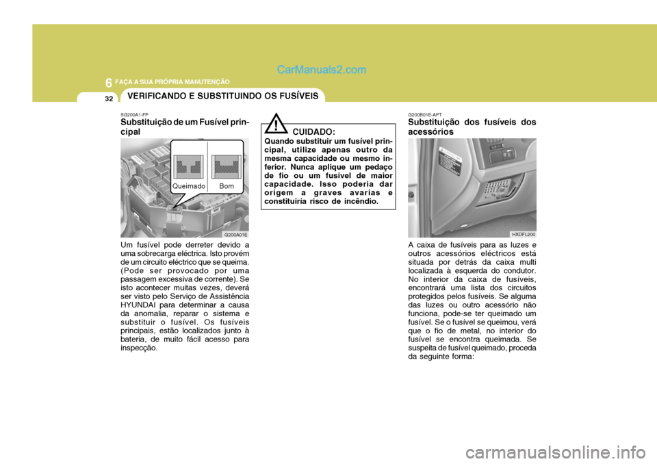 Hyundai Elantra 2004 Manual do proprietário (in Portuguese) 6 FAÇA A SUA PRÓPRIA MANUTENÇÃO
32VERIFICANDO E SUBSTITUINDO OS FUSÍVEIS
G200B01E-APT
Substituição dos fusíveis dos acessórios
HXDFL200
A caixa de fusíveis para as luzes e
outros acessórios Hyundai Elantra 2004 Manual do proprietário (in Portuguese) 6 FAÇA A SUA PRÓPRIA MANUTENÇÃO
32VERIFICANDO E SUBSTITUINDO OS FUSÍVEIS
G200B01E-APT
Substituição dos fusíveis dos acessórios
HXDFL200
A caixa de fusíveis para as luzes e
outros acessórios