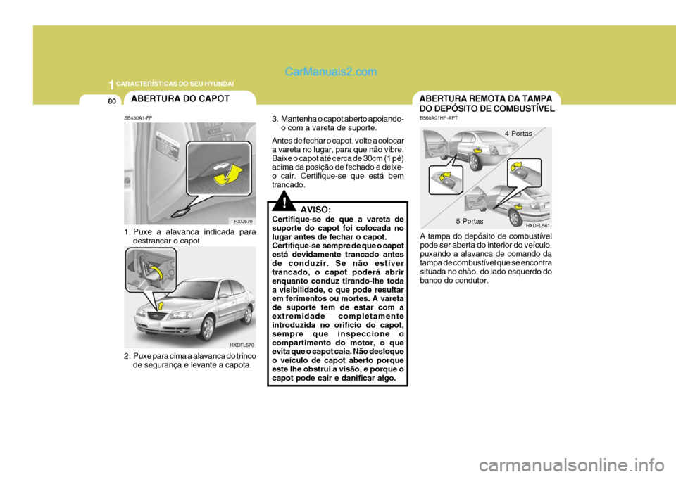Hyundai Elantra 2004 Manual do proprietário (in Portuguese) 1CARACTERÍSTICAS DO SEU HYUNDAI
80
HXDFL561
B560A01HP-APT A tampa do depósito de combustível pode ser aberta do interior do veículo,puxando a alavanca de comando da tampa de combustível que se en Hyundai Elantra 2004 Manual do proprietário (in Portuguese) 1CARACTERÍSTICAS DO SEU HYUNDAI
80
HXDFL561
B560A01HP-APT A tampa do depósito de combustível pode ser aberta do interior do veículo,puxando a alavanca de comando da tampa de combustível que se en