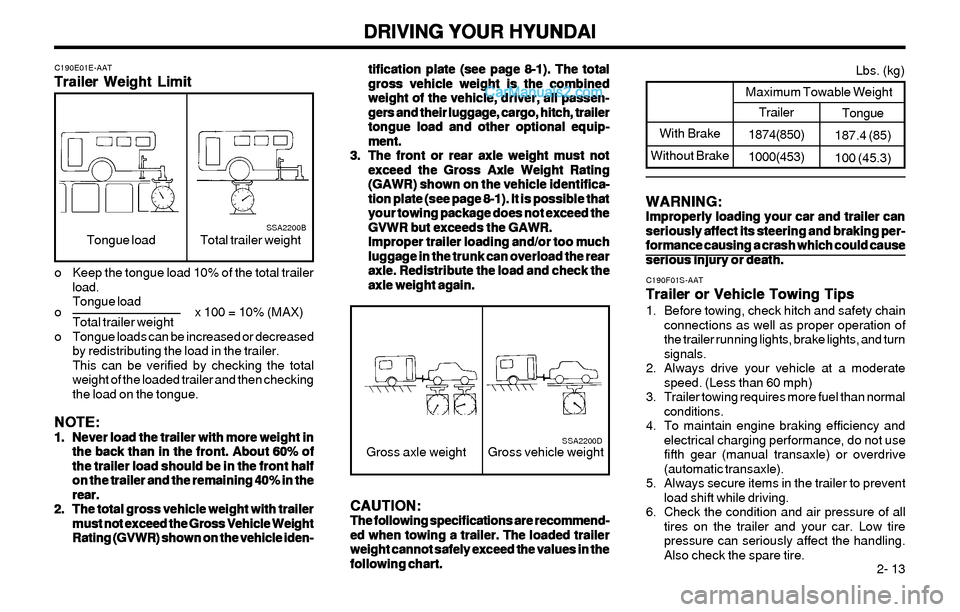 Hyundai Elantra 2003 Owners Manual DRIVING YOUR HYUNDAI DRIVING YOUR HYUNDAIDRIVING YOUR HYUNDAI DRIVING YOUR HYUNDAI
DRIVING YOUR HYUNDAI
2- 13 Tongue
187.4 (85)
100 (45.3)
C190E01E-AAT
Trailer Weight Limit Trailer Weight LimitTraile Hyundai Elantra 2003 Owners Manual DRIVING YOUR HYUNDAI DRIVING YOUR HYUNDAIDRIVING YOUR HYUNDAI DRIVING YOUR HYUNDAI
DRIVING YOUR HYUNDAI
2- 13 Tongue
187.4 (85)
100 (45.3)
C190E01E-AAT
Trailer Weight Limit Trailer Weight LimitTraile