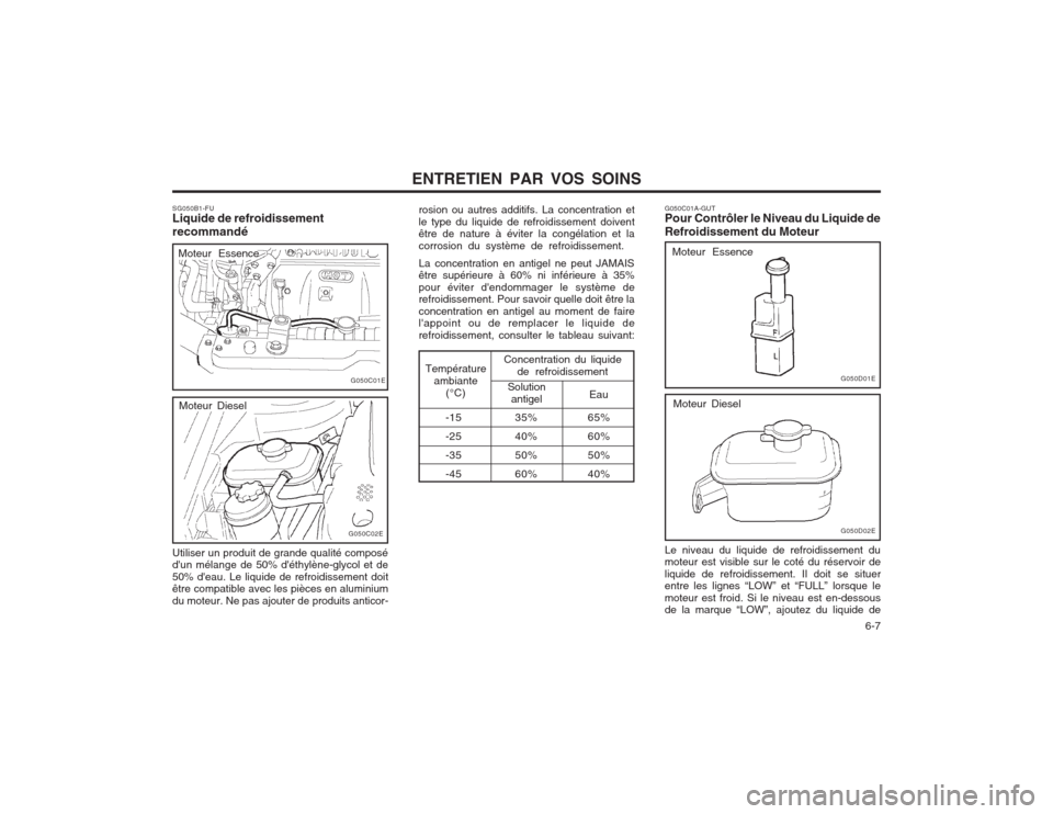 Hyundai Elantra 2003  Manuel du propriétaire (in French) ENTRETIEN PAR VOS SOINS  6-7
SG050B1-FU Liquide de refroidissement recommandé
rosion ou autres additifs. La concentration et le type du liquide de refroidissement doivent être de nature à éviter l