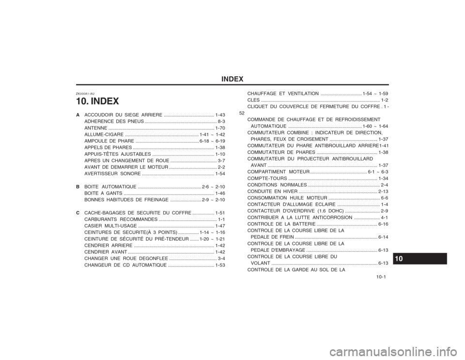 Hyundai Elantra 2003  Manuel du propriétaire (in French) INDEX10-1
A
ACCOUDOIR DU SIEGE ARRIERE .......................................1-43
ADHERENCE DES PNEUS ........................................................ 8-3
ANTENNE ............................