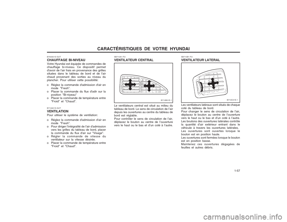 Hyundai Elantra 2003 Manuel du propriétaire (in French) CARACTÉRISTIQUES DE VOTRE HYUNDAI 1-57
Les ventilateurs latéraux sont situés de chaque coté du tableau de bord.Pour changer le sens de circulation de l’air, déplacez le bouton au centre de l Hyundai Elantra 2003 Manuel du propriétaire (in French) CARACTÉRISTIQUES DE VOTRE HYUNDAI 1-57
Les ventilateurs latéraux sont situés de chaque coté du tableau de bord.Pour changer le sens de circulation de l’air, déplacez le bouton au centre de l