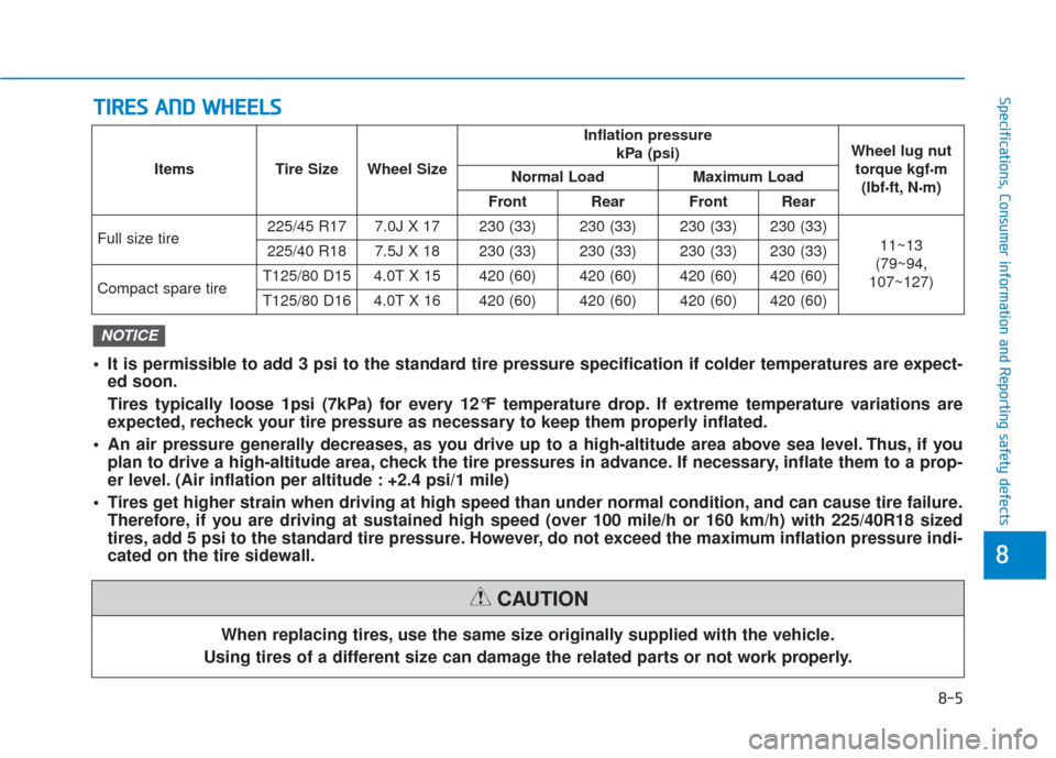 Hyundai Elantra GT 2018  Owners Manual T
TI
IR
R E
ES
S 
 A
A N
N D
D 
 W
W H
HE
EE
EL
LS
S
8-5
88
Specifications, Consumer information and Reporting safety defects
When replacing tires, use the same size originally supplied with the vehic