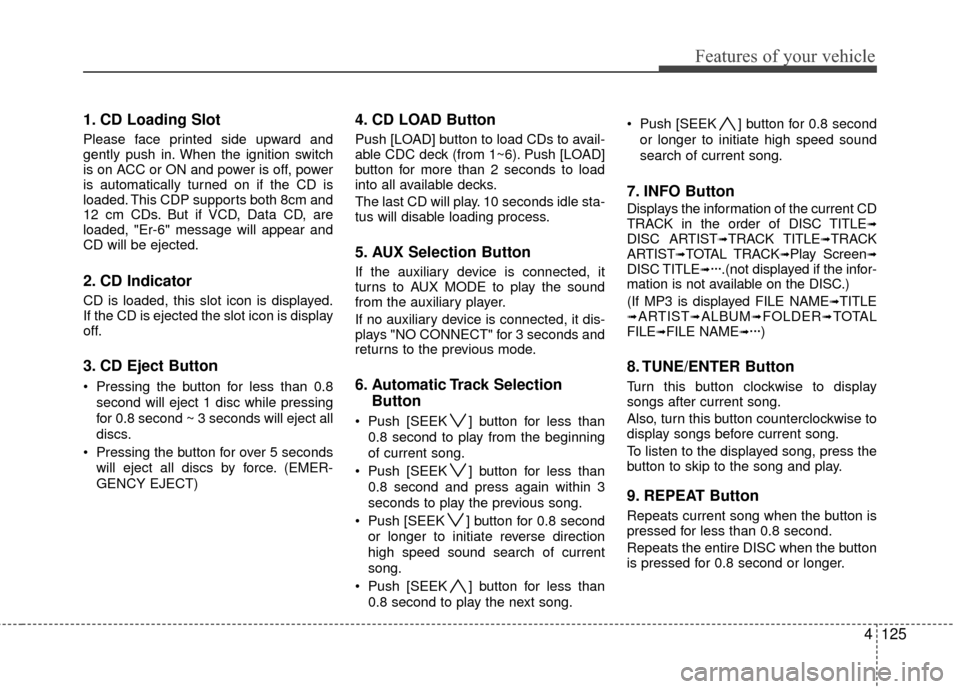 Hyundai Elantra Touring 2012  Owners Manual 4125
Features of your vehicle
1. CD Loading Slot
Please face printed side upward and
gently push in. When the ignition switch
is on ACC or ON and power is off, power
is automatically turned on if the 