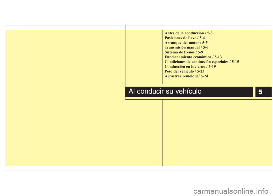 Hyundai Eon 2015  Manual del propietario (in Spanish) 5
Antes de la conducción / 5-3
Posiciones de llave / 5-4
Arranque del motor / 5-5
Transmisión manual / 5-6
Sistema de frenos / 5-9
Funcionamiento económico / 5-13
Condiciones de conducción especia