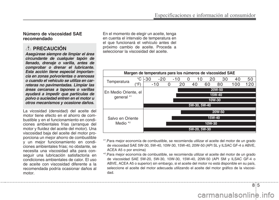 Hyundai Eon 2015 Manual del propietario (in Spanish) 85
Especificaciones e información al consumidor
Número de viscosidad SAE
recomendado
La vicosidad (densidad) del aceite del
motor tiene efecto en el ahorro de com-
bustible y en el funcionamiento Hyundai Eon 2015 Manual del propietario (in Spanish) 85
Especificaciones e información al consumidor
Número de viscosidad SAE
recomendado
La vicosidad (densidad) del aceite del
motor tiene efecto en el ahorro de com-
bustible y en el funcionamiento