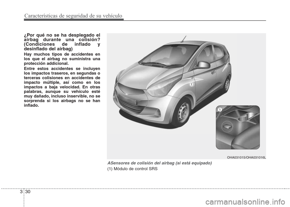 Hyundai Eon 2015  Manual del propietario (in Spanish) Características de seguridad de su vehículo
30 3
¿Por qué no se ha desplegado el
airbag durante una colisión?
(Condiciones de inflado y
desinflado del airbag)
Hay muchos tipos de accidentes en
lo