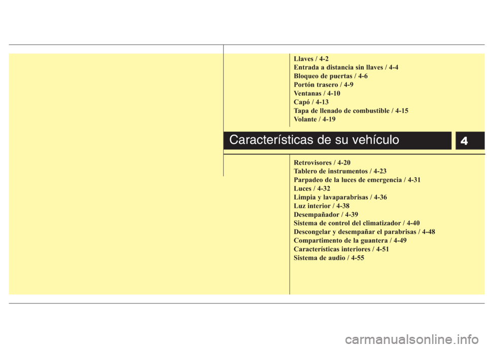 Hyundai Eon 2015  Manual del propietario (in Spanish) 4
Llaves / 4-2
Entrada a distancia sin llaves / 4-4
Bloqueo de puertas / 4-6
Portón trasero / 4-9
Ventanas / 4-10
Capó / 4-13
Tapa de llenado de combustible / 4-15
Volante / 4-19
Retrovisores / 4-20