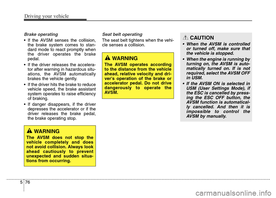 Hyundai Equus 2014 Owners Manual Driving your vehicle
76 5
Brake operating
• If the AVSM senses the collision,
the brake system comes to stan-
dard mode to react promptly when
the driver operates the brake
pedal.
• If the driver Hyundai Equus 2014 Owners Manual Driving your vehicle
76 5
Brake operating
• If the AVSM senses the collision,
the brake system comes to stan-
dard mode to react promptly when
the driver operates the brake
pedal.
• If the driver