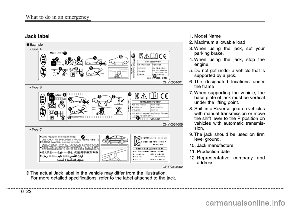 Hyundai Equus 2014  Owners Manual What to do in an emergency
22 6
Jack label1. Model Name
2. Maximum allowable load
3. When using the jack, set your
parking brake.
4. When using the jack, stop the
engine.
5. Do not get under a vehicle